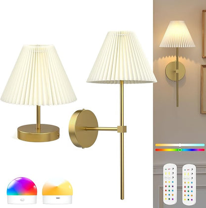 Battery Operated Wall Sconces Set of 2,Gold Rechargeable Wall Lights with Remote,3000mAh Dimmable 3 Timer Magnetic Bulbs,Indoor Wireless Lamps for Bedroom Living Room Hallway Bathroom