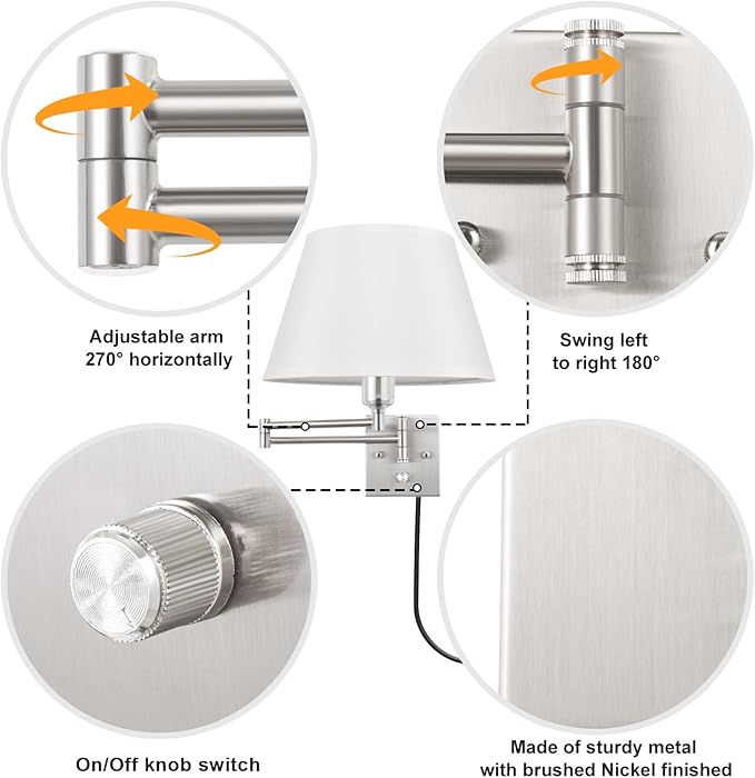 TRLIFE Dimmable Wall Sconce with Remote Control, Adjustable Color Temperature 2700K-6500K and Dimming 10-100% Swing Arm Wall Lights with Plug in Cord, 11.8