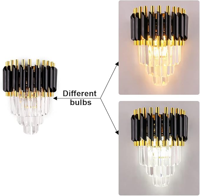 FRIXCHUR Crystal Wall Sconce Black Modern Lamp Mounted Light Fixture for Bedroom Bedside Living Room Hallway Bathroom 2X E12 Base