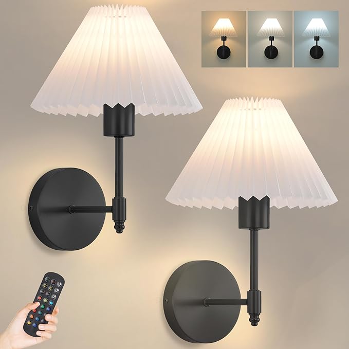 Battery Operated Wall Sconces Set of 2,Black Rechargeable Wall Lights with Remote,Dimmable Wall Lamp with Pleated Shades,15 Colors Wireless Bathroom Vanity Wall Light for Bedroom Living Room Hallway