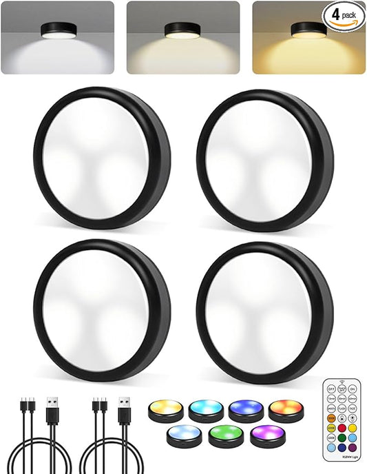 4-Pack Puck Lights with Remote, 1800mAh Rechargeable Under Cabinet Lighting, 3 Color Temps & 7 RGB Colors, Long-Lasting Dimmable Stick-On Lights for Cabinet, Kitchen, Shelf, Party