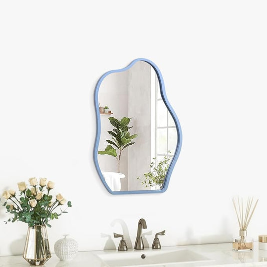 Wall Mirror Blue Asymmetrical Mirror Modern Wood Frame Unique Shape Wall Mounted Vanity Artistic Hanging Mirror Decor for Living Room Bedroom Bathroom Entryway Hallway Small