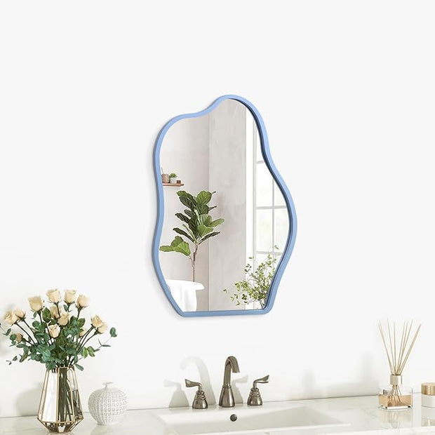 Wall Mirror Blue Asymmetrical Mirror Modern Wood Frame Unique Shape Wall Mounted Vanity Artistic Hanging Mirror Decor for Living Room Bedroom Bathroom Entryway Hallway Small