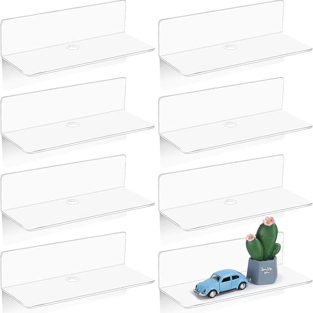 Maitys 8 Pcs Acrylic Floating Shelves 9 Inches Adhesive Wall Mounted Shelves No Drill Hanging Acrylic Wall Display for Living Room Bathroom Bedroom Kitchen Office