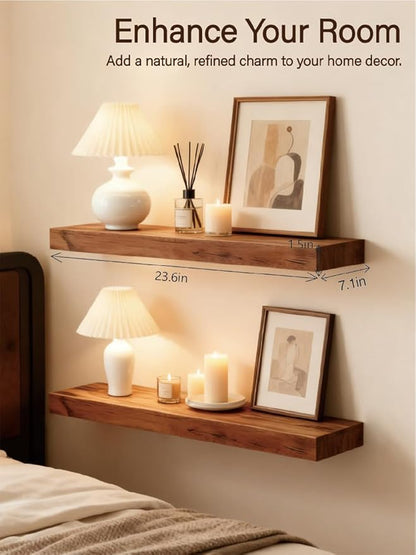 Solid Wood Floating Shelves,23.6in Finished Real Wood Wall Shelves with Heavy-Duty Hidden Bracket, Easy Installation, Set of 2, 23.6in x 7.1in x 1.5in, for Living Room Bedroom Kitchen,Bronze