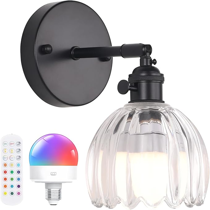 Vintage Battery Operated Wall Sconce with Transparent Tulip Glass Lampshade Rechargeable Battery Powered Black Wall Light with Remote Control for Bedside Bedroom Doorway