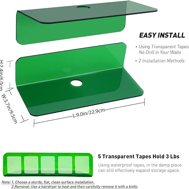 OAPRIRE Wall Mount Shelves Set of 2 for Bedroom, Bathroom, Kids Room & More - Drill Free Acrylic Shelf with Cable Clips, Waterproof Strong Adhesive, Easy to Install (Emerald)