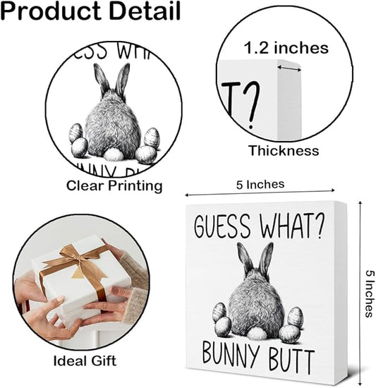 Easter Bathroom Decor - Easter Decorations for Home - Funny Bunny Wooden Sign Home Bathroom Toilet Desk Table Shelf Decor - 5 x 5 Inches