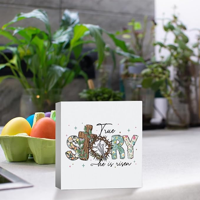 He Is Risen Sign Easter Religious Decorations Christian Easter Decor Spring Decor Wooden Box Sign for Home Office Bedroom Living Room Desk Shelves