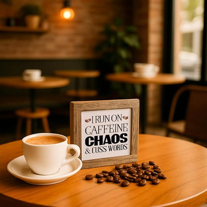 Coffee Bar Decor, I Run On Caffeine Chaos and Cuss Words Wooden Box Sign, Bar Decorations for Home, Coffee Wood Box Sign Kitchen Home Decor, Funny Office Desk Signs 5.9×5.9 inch