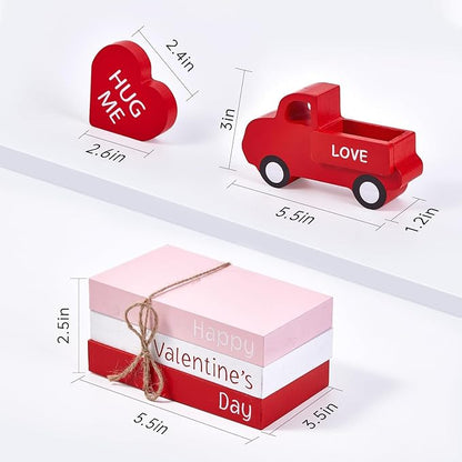 AKEROCK Valentines Day Decorations, Valentines Day Decor - Wooden Valentine Sign & Red Truck & 3 Heart Decor for Table, Tiered Tray, Office Desk, Mantel, Valentine Decorations for Home