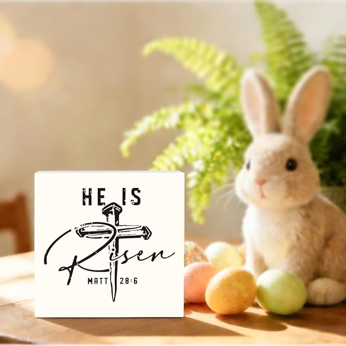 Inspirational Christian Sign Christian Decor Rustic Farmhouse Religious Jesus Decorations Gifts for Women Home Office Desk Table Shelf Decor He Is Risen Matt 28:6 Wooden Sign 5 X 5 Inch