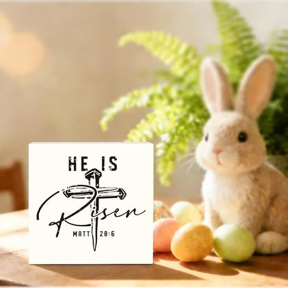 Inspirational Christian Sign Christian Decor Rustic Farmhouse Religious Jesus Decorations Gifts for Women Home Office Desk Table Shelf Decor He Is Risen Matt 28:6 Wooden Sign 5 X 5 Inch