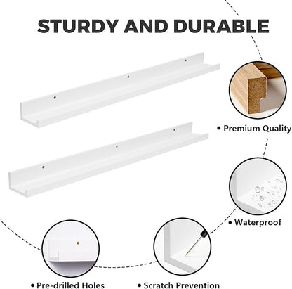 Muzilife 45.3" Large Floating Wall Ledge Shelves with Lip - Set of 2 Wood Floating Shelves - White Wall Mounted Picture Ledge for Office, Bathroom, Bedroom, Living Room, Kitchen