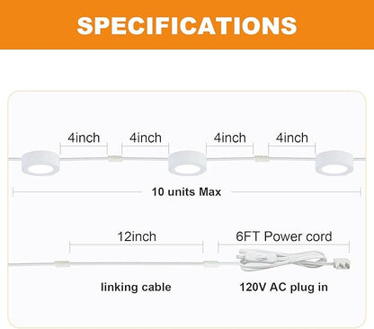 LUMILAND Wired LED Puck Lights (2.7Wx5) Plug-in Lighting Natural White (4000K), LED Cabinet Light for Kitchen Can Be Surface Mount or Recess Mount, White