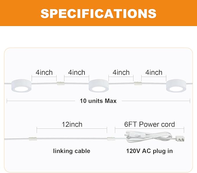 LUMILAND Wired LED Puck Lights 120V (2.7Wx5) Plug-in Lighting Warm White, LED Cabinet Light for Kitchen Can Be Surface Mount or Recess Mount, White
