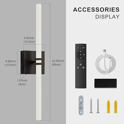 Battery Operated Wall Sconce 1Pack, Black Rechargeable Wall Lights with Dimmable Remote Control, 22 Inch 3000K-6000K LED Wireless Wall Lamps for Bedroom, Hallway, Background Wall