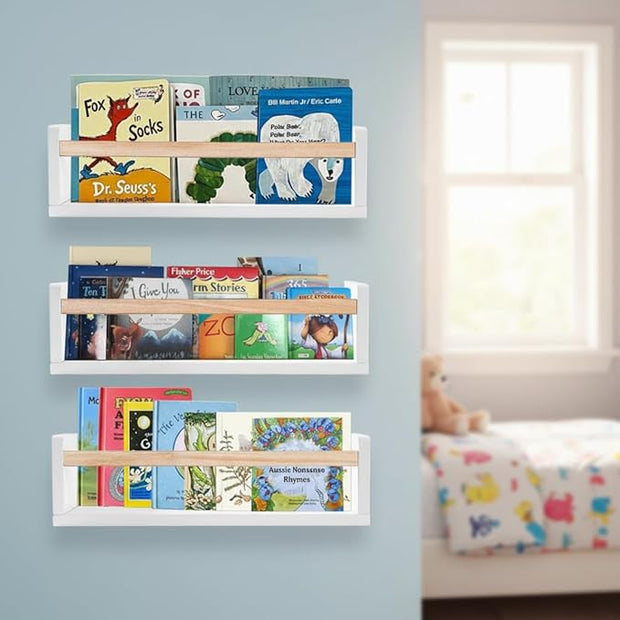 AZSKY 16 Inch Nursery Floating Shelves Set of 3, White Wood Kids Wall Bookshelves & Book Organizer Ledge for Baby Room Decor, Display Toys, Picture Frames