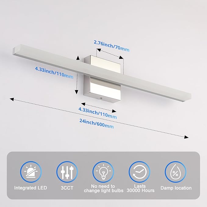 Combuh 24Inch LED Bathroom Vanity Light Bar, Color Changing 3CCT Dimmable Shining Over Mirror Lighting Fixture, Indoor Wall Sconces Modern 14W Chrome