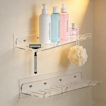 Acrylic Floating Shelves, 2 Pack, 12 inch, Adhesive Bathroom Shelves, Rental Friendly Wall Shelf No Drill Shelf, Wall Organizer for Perfume, Cosmetics, Skincare, Home Decor