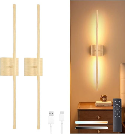 Battery Operated Wall Sconce Set of 2, 10400mAh Rechargeable Wall Sconces, 3000K-6000K Dimmable, 350°Rotate, Indoor Wall Lights for Bedroom Living Room, Original Wood, 31.5 Inch