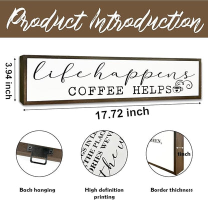 Coffee Wooden Box Sign, Country Farmhouse Decor for Home Kitchen, Coffee Station Wall Decors, Desktop Decor, Coffees Addict Gift, Life Happens Coffee Helps Sign, 17.8x4x1.2 inches