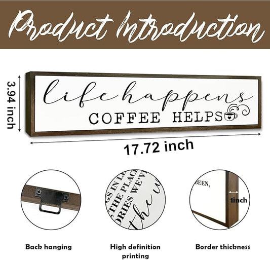 Coffee Wooden Box Sign, Country Farmhouse Decor for Home Kitchen, Coffee Station Wall Decors, Desktop Decor, Coffees Addict Gift, Life Happens Coffee Helps Sign, 17.8x4x1.2 inches