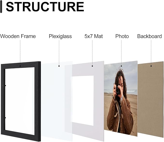 Vittanly 8x10 Picture Frames Set of 9, Display 5x7 Pictures with Mat or 8x10 without Mat, Photo Frames for Wall or Tabletop with Plexiglass, Engineered Wood, Black&Brown&Dark Grey