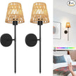 Boho Battery Operated Wall Sconce Set of 2, Black Rattan Rechargeable Wall Lights with Dimmable Bulbs and Remote,15 Colors Wireless Wall Lamps for Bedroom Living Room Hallway Decor