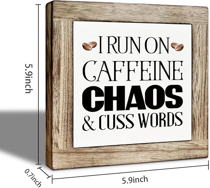 Coffee Bar Decor, I Run On Caffeine Chaos and Cuss Words Wooden Box Sign, Bar Decorations for Home, Coffee Wood Box Sign Kitchen Home Decor, Funny Office Desk Signs 5.9×5.9 inch