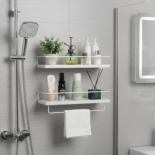 Floating Bathroom Wood Shelves Set of 2 Wall Mounted Shelf with Black Metal Frame and Towel Rack for Bathroom Over Toilet Storage and Organizers for Bedroom Living Room Kitchen Office(White)