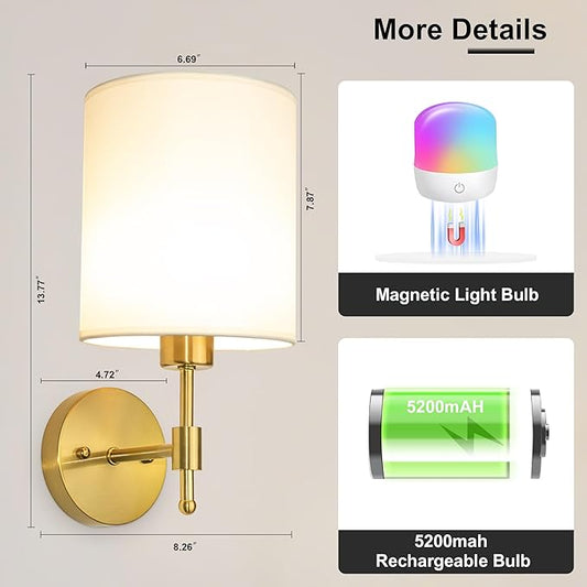 Battery Operated Wall Sconces Set of Two, Wireless Battery Wall Lamp with Remote Control, 12 Colors RGB Magnetic Bulb, Rechargeable Gold Wall Sconce for Bedroom Living Room Hallway