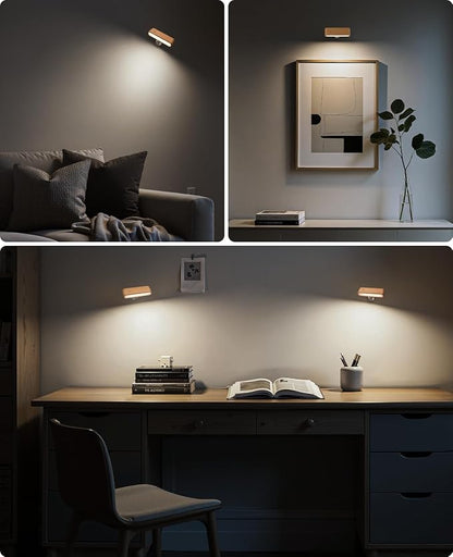 Wood Battery Operated Wall Sconce Set of 2, Magnetic Mini Wall Lights with 360° Rotation and Adjustable Brightness, Stick-On Mount for Bedside, Hallway, Living Room (2Pack Beech Wood)
