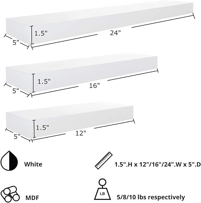 kieragrace Stockholm Maine Floating Wall Shelves - White, 12", 16", 24", Set of 3