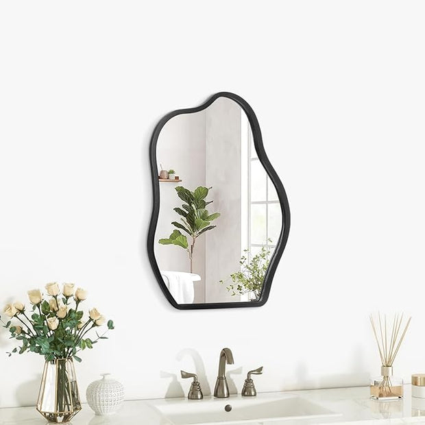 Asymmetrical Wall Mirror with Wood Frame Irregular Modern Hanging Mirror for Wall for Vanity Living Room Bedroom Bathroom Entryway Hallway Modern Unique Decorative Artistic Mirror