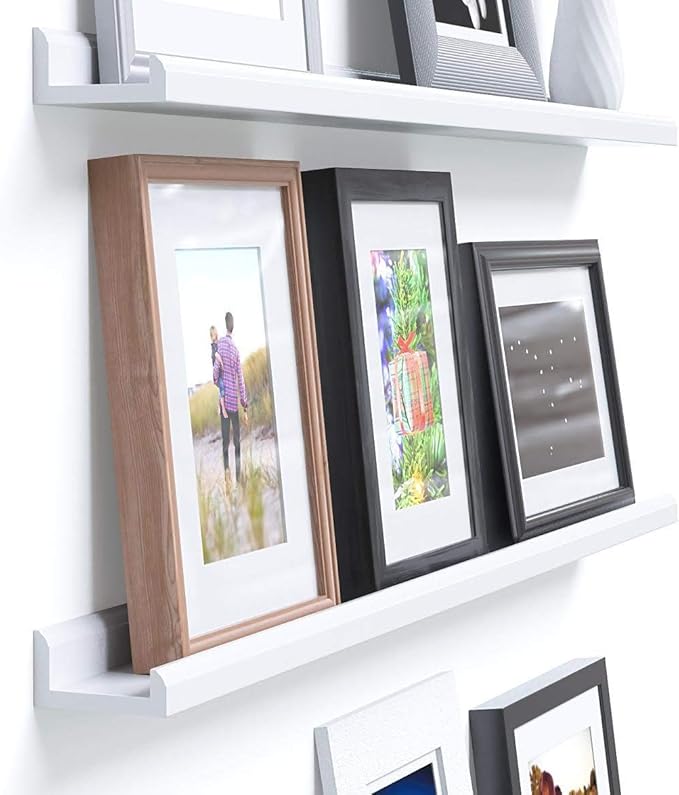 Wallniture Boston 46 Inch White Wall Shelf for Picture Frames, Narrow Picture Ledge Shelf for Wall Decor, Wood