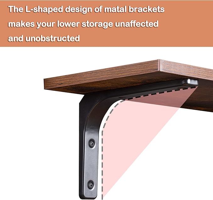 DINZI LVJ Long Wall Shelves, 23.6 Inch Wall Mounted Shelves Set of 2, Easy-to-Install, Wall Storage Ledges with Sturdy Metal Brackets for Living Room, Bathroom, Bedroom, Kitchen, Rustic Brown