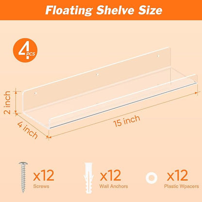 4 Pack Floating Shelves for Wall, 15" Clear Book Shelf, Acrylic Floating Wall Shelf, Display Shelves Organizer for Bathroom, Classroom, Bedroom, Living Room, Kitchen, Room Decor