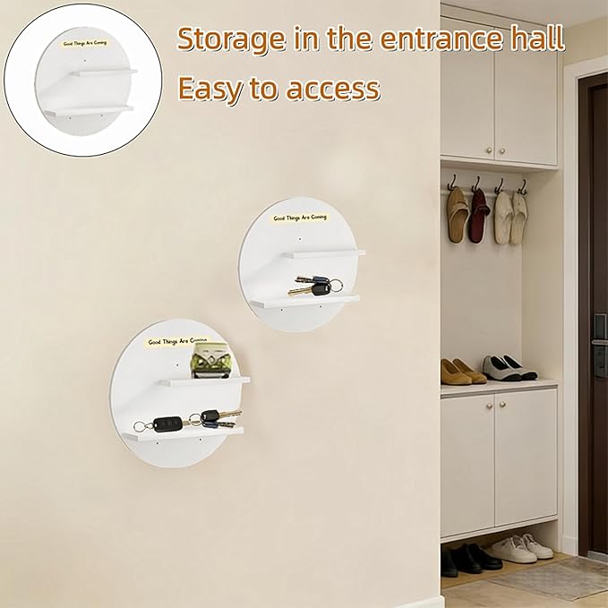 Round Wall Mounted Floating Shelves, 2-Tier Decorative Display Shelf with Customizable Message Board, Minimalist Wall Shelf for Candles, Plants, Small Decor (White)