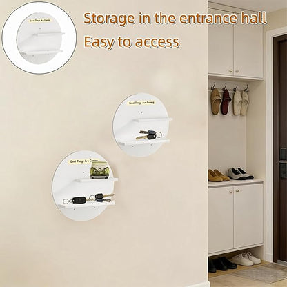 Round Wall Mounted Floating Shelves, 2-Tier Decorative Display Shelf with Customizable Message Board, Minimalist Wall Shelf for Candles, Plants, Small Decor (White)