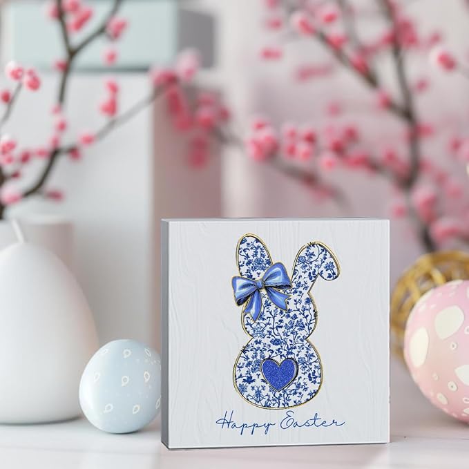 Blue Happy Easter Sign Easter Table Decor Bow Bunny Decor Blue And White Chinoiserie Decor Wooden Box Sign for Home Office Bedroom Living Room Desk Shelves