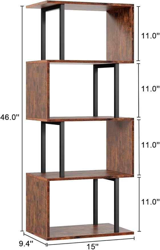 Furologee 5 Tier Bookshelf, S Shaped Geometric Bookcase, Narrow Freestanding Display Shelves, Modern Wood Decorative Storage Rack for Bedroom, Living Room, Home Office, Rustic Brown