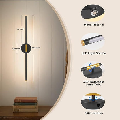 28" Battery Operated Wall Sconce, 360°Rotation Wireless Rechargeable Wall Lights with Remote Control, 3000K-6500K LED Detachable Wall Lamp for Bedroom, Hallway, Background Wall, Black Gold