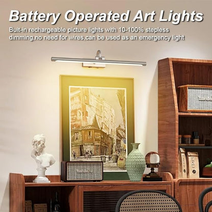 Aipsun 23.6" Brushed Nickel Picture Lights for Wall Rechargeable,12000mAh LED Battery Operated Art Light for Paintings,3CCT Dimmable, Rotatable Gallery Light for Pictures Display