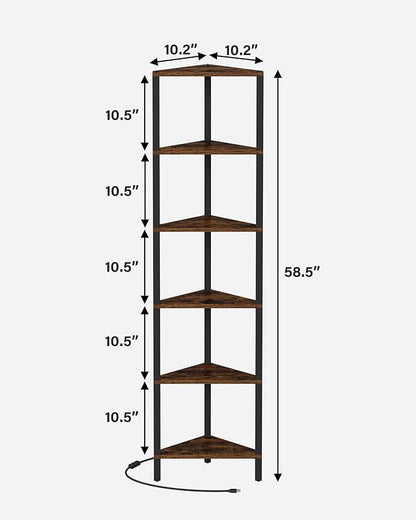 TUTOTAK Corner Shelf with LED Light, 6-Tier Corner Bookshelf for Small Space, Narrow Display Corner Shelf Stand with Storage Rack, for Living Room, Bedroom, Rustic Brown BS05BB006L