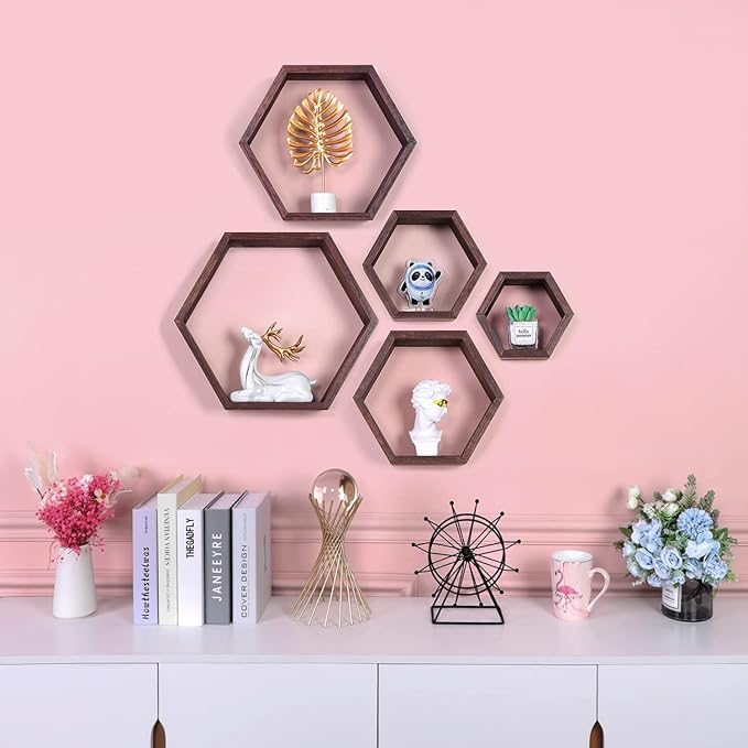 PHOENANCEE Hexagon Floating Shelves,Wall Mounted Wood Farmhouse Storage Honeycomb Wall Shelf Set of 5,for Bathroom, Kitchen, Bedroom, Living Room,Office,Driftwood Finish (Walnut)