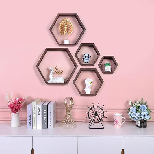 PHOENANCEE Hexagon Floating Shelves,Wall Mounted Wood Farmhouse Storage Honeycomb Wall Shelf Set of 5,for Bathroom, Kitchen, Bedroom, Living Room,Office,Driftwood Finish (Walnut)
