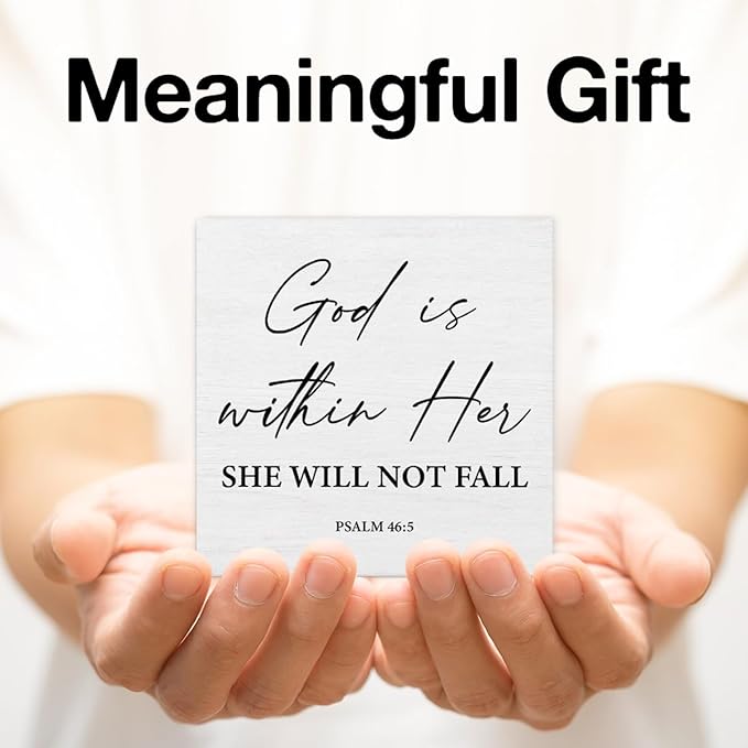 Christian Desk Decor Bible Verses Religious Gifts for Women Her, Inspirational God Is Within Her Psalm 46:5 Wooden Sign Farmhouse Christian Decorations for Home Office Desk Shelf Table