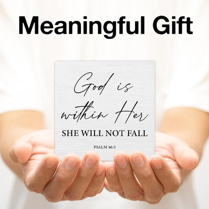 Christian Desk Decor Bible Verses Religious Gifts for Women Her, Inspirational God Is Within Her Psalm 46:5 Wooden Sign Farmhouse Christian Decorations for Home Office Desk Shelf Table