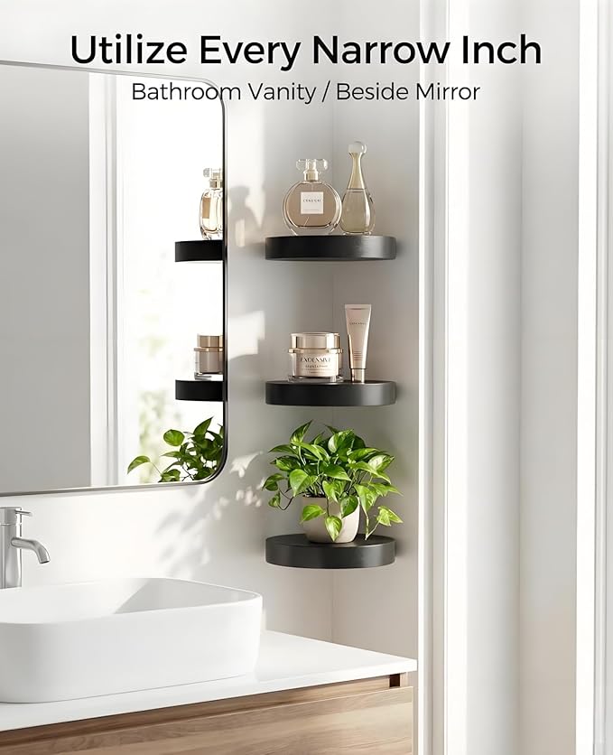 AceList Small Round Floating Shelves (Set of 3), 6 Inch Real Wood Circle Wall Shelf for Bathroom & Bedroom Decor, Matte Black Invisible Mount Display Rack for Plants, Collectibles, and Trophies